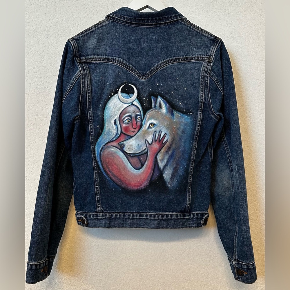 Vintage Y2K Earl Jean Hand Painted Denim Jacket Moon Wolf USA